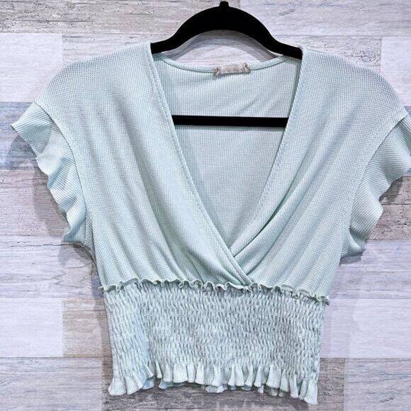 ALTAR'D STATE Ruffle Smocked Waist Wrap Top Light Green Womens Small - Picture 1 of 7